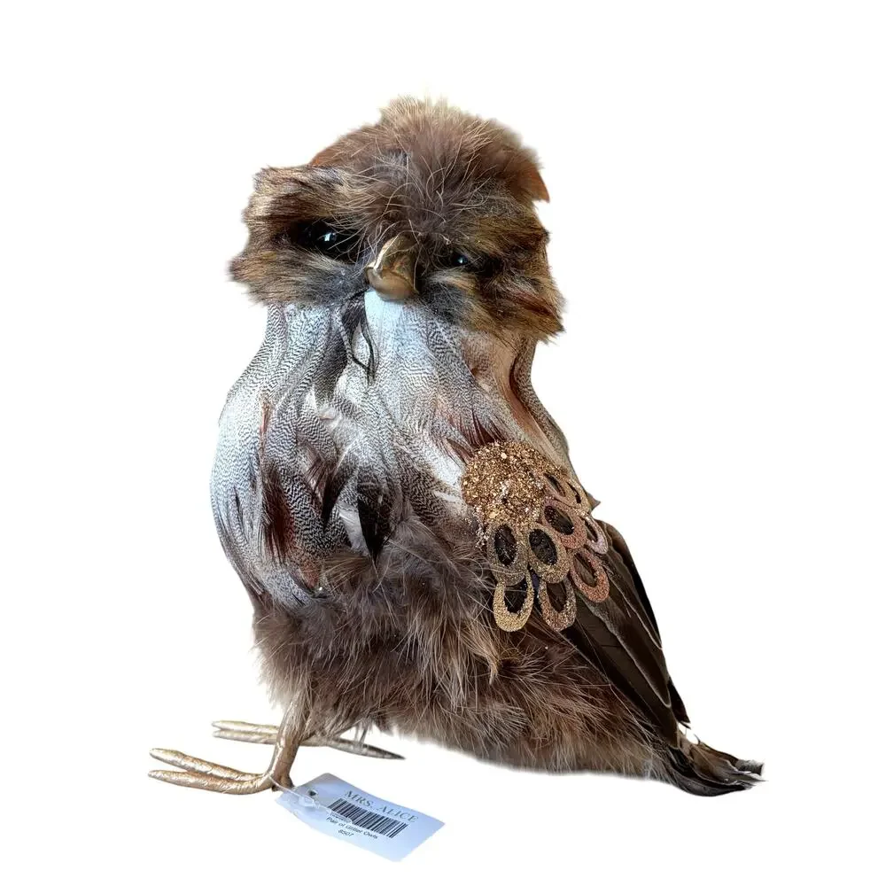 Set of 2 Feathered Owl Figurines 9.5in Chic Fall Decor by Mrs. Alice NEW